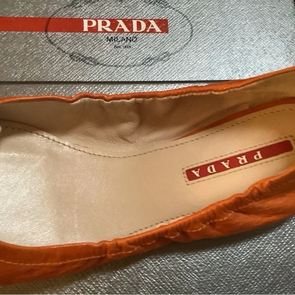 Prada Orange Leather Bow Ballet Flats - Picture 3 of 4